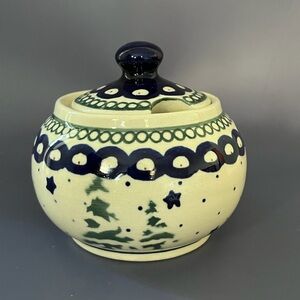 Handcrafted Polish Pottery Sugar Bowl with Lid - Blue and Green Design